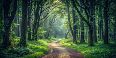 Dark moody forest with a winding path surrounded by green trees, a natural vintage outdoor background, forest, path, trees