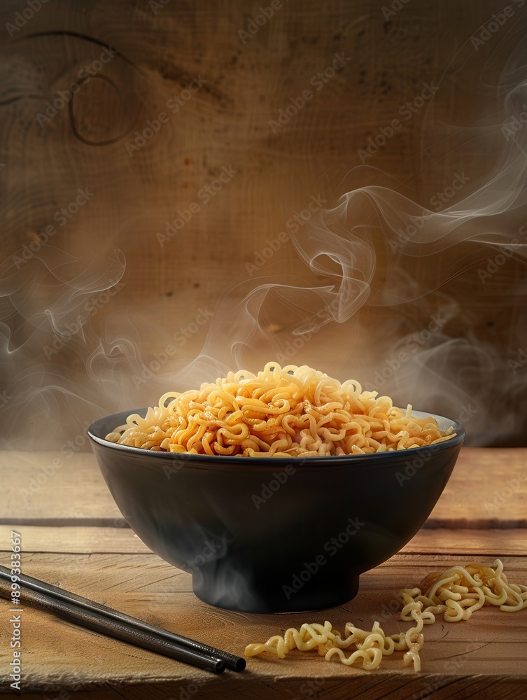 Poster a bowl of steaming instant noodles rests on a wooden table, inviting appetite with its rich aroma, p