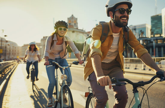 Cyclists on Bicycles Commuting on City Street