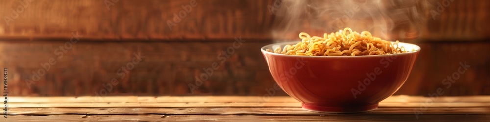 Aufkleber steaming instant noodles are presented in a bowl on a wooden table, creating a cozy and inviting din