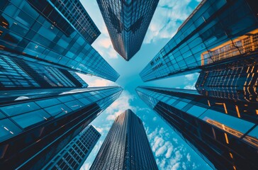 Low-Angle View of Tall Buildings with Sky Visible, Featuring Modern Office Interior Through Large Windows, Highlighting Modern Architecture and Urban Business Environment