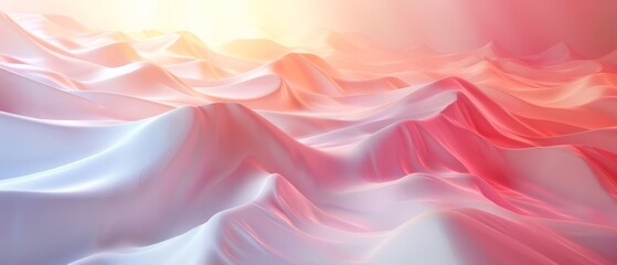  A sunlit scene of a waving pink-white fabric swathe, filtering sunlight through overlapping cloud masses