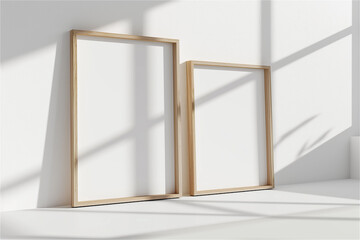 Two frames on wall mockup blank poster. Wooden frames mock up empty print background. Wood picture frames in room. 3d gallery design realistic modern interior