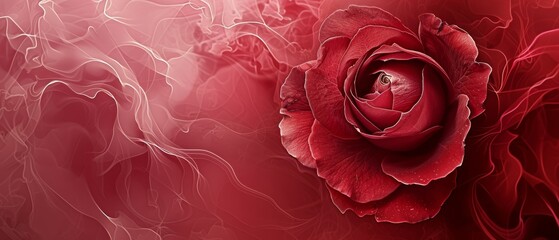 Naklejka premium A red rose, closely framed, against a backdrop of intertwined red and pink hues, featuring swirling waves and intricate patterns