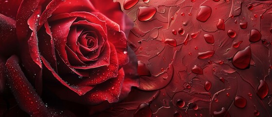 Naklejka premium A red rose with dewdrops, both close-up and in profile, adorned by drops of water