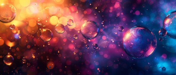  A collection of bubbles hovering above a blue-purple expanse, backdrop featuring multihued bokeh lights