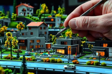Obraz premium Detailed model town scene with a hand painting miniature houses, illustrating precision and artistic craftsmanship.