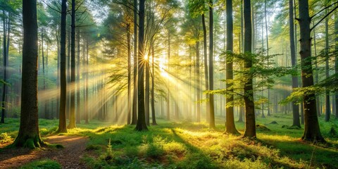 Obraz premium Serene morning scene in the forest with sunlight filtering through the trees, nature, trees, sunshine, peaceful, tranquil, greenery