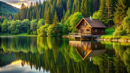 Wooden house by a serene lake surrounded by lush forest , cabin, cottage, nature, tranquil, peaceful, secluded, remote, wood