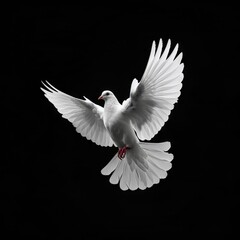 Fototapeta premium A white dove flying through the air with its wings spread