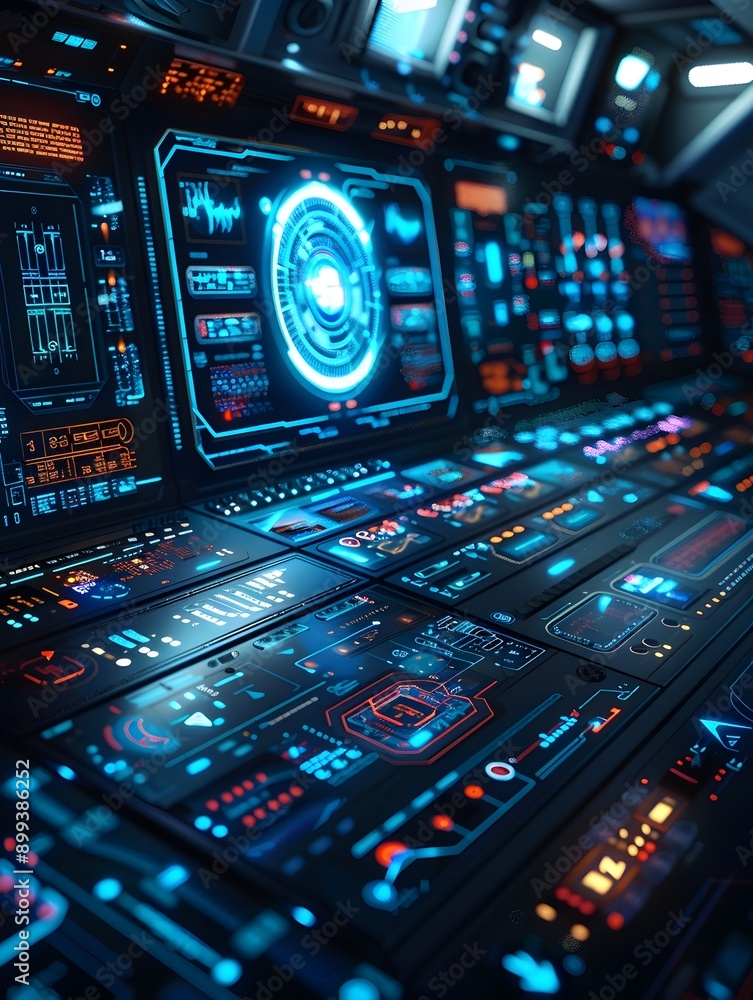 Poster futuristic control panel with holographic displays and touch controls in a sleek cyber background