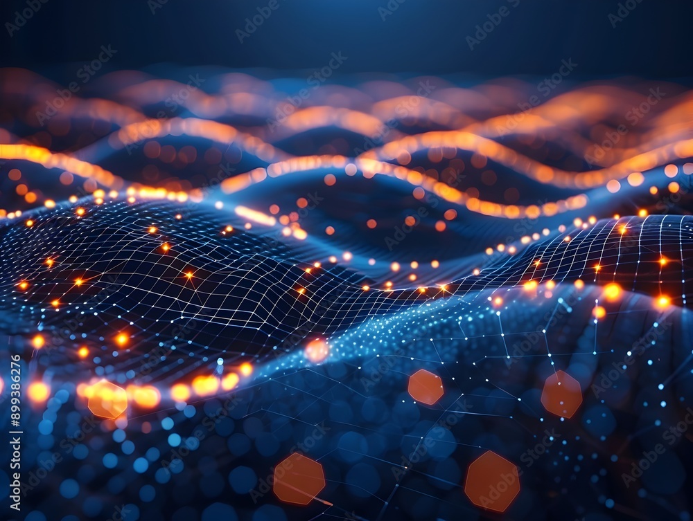 Poster glowing digital landscape symbolizing connected cyber world concept with nodes and lines