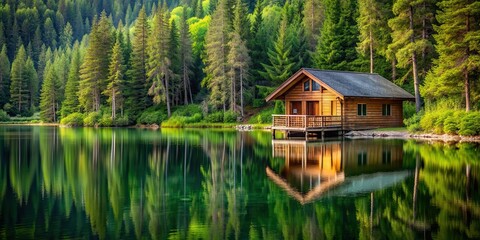 Wooden cabin nestled by serene lake in lush forest setting, cabin, wooden house, lake, forest, tranquil, serene, nature