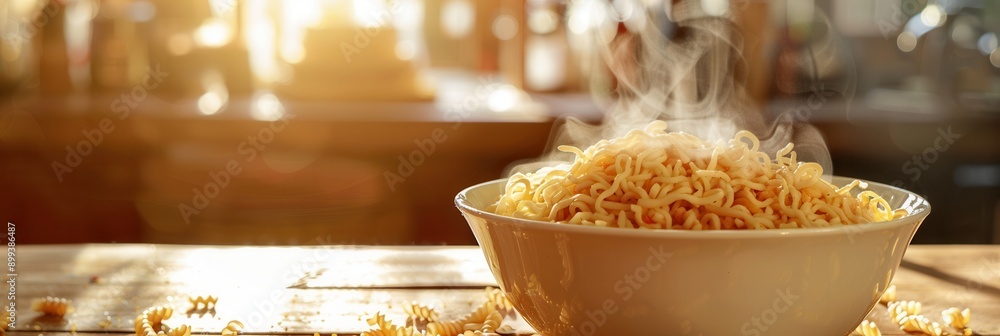 Poster A bowl of steaming instant noodles sits invitingly on a wooden table in the soft light of dusk. Generative AI