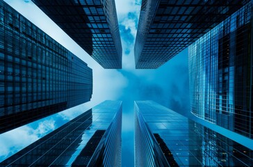Low-Angle View of Tall Buildings with Sky Visible, Featuring Modern Office Interior Through Large Windows, Highlighting Modern Architecture and Urban Business Environment