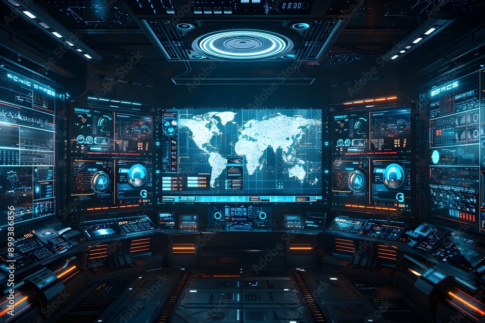 Poster futuristic virtual reality workspace with holographic interfaces and multiple screens in dark cyber 