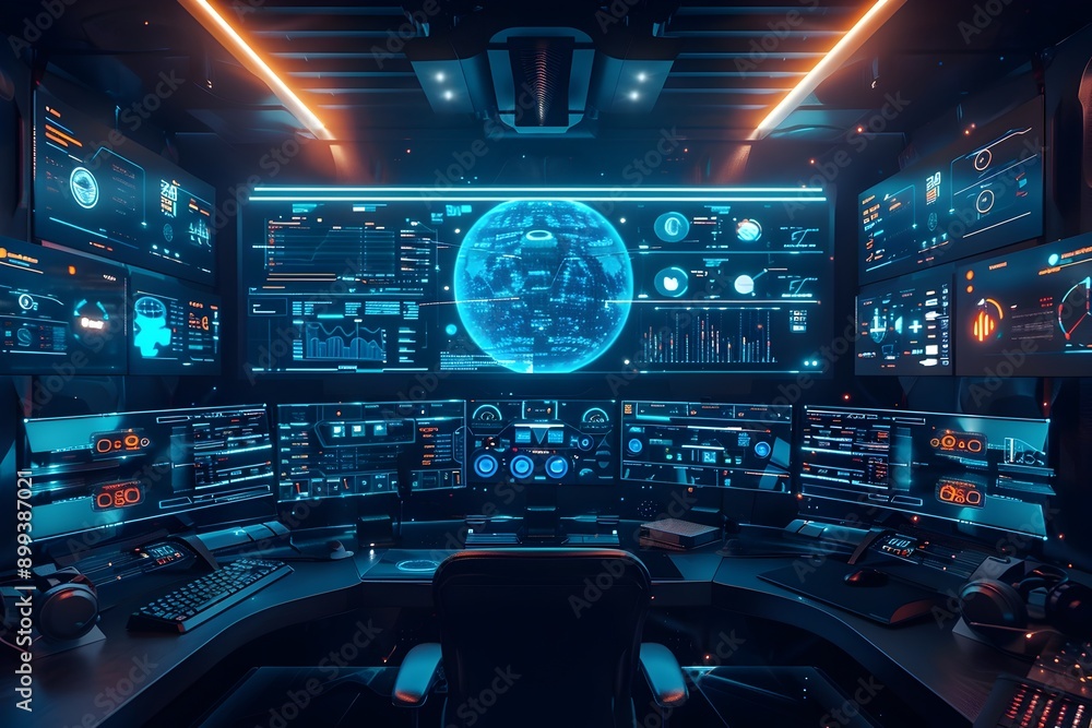 Poster futuristic virtual reality workspace with holographic interfaces and multiple screens in cyber backd