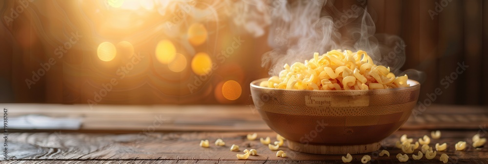Poster A delicious bowl of instant noodles releases steam, sitting on a rustic wooden table, creating a warm and inviting atmosphere. Generative AI