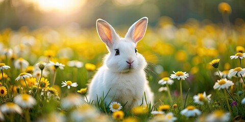 Fototapeta premium Adorable white rabbit sitting in a field of flowers, bunny, fluffy, adorable, cuddly, pet, animal, cute, furry, sweet, nature