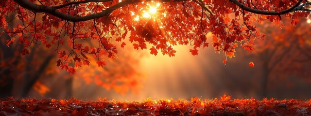  The sun filters through tree branches, painting a park landscape with red leaves scattered below