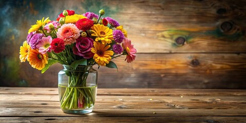 Beautiful bouquet of colorful flowers in a elegant glass vase on a wooden table, flowers, vibrant, arrangement, vase, glass, colorful