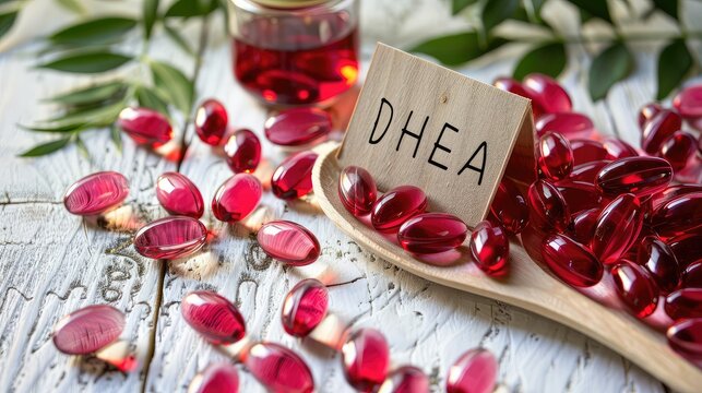 DHEA capsules supplements on the table. Selective focus.