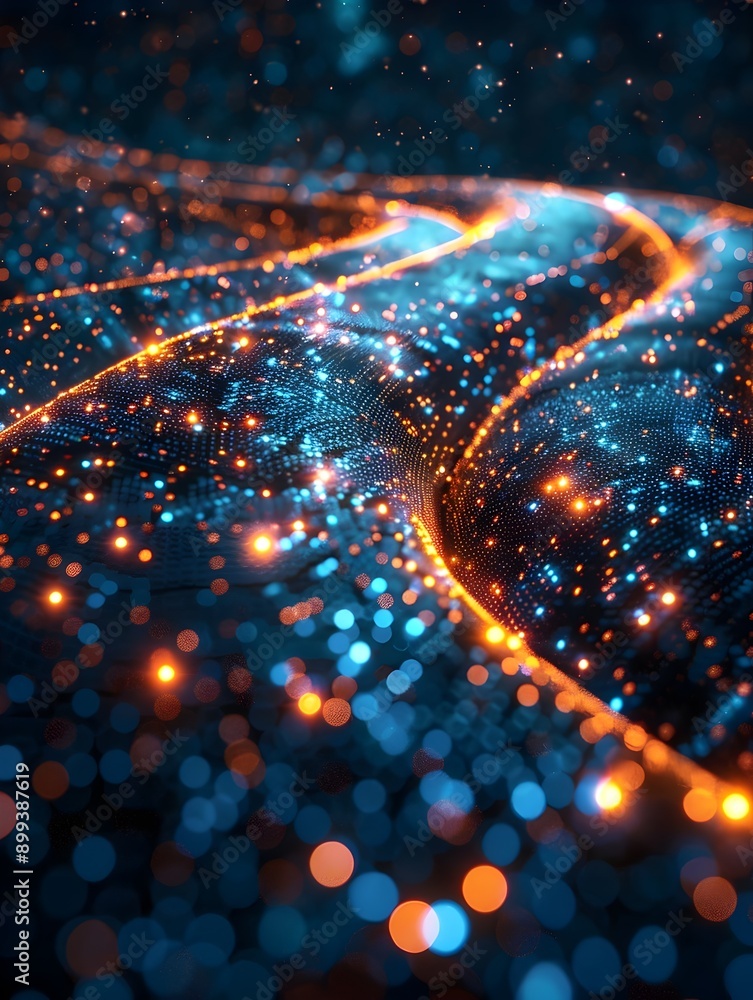 Poster glowing data streams flowing through a high tech network symbolizing information transfer