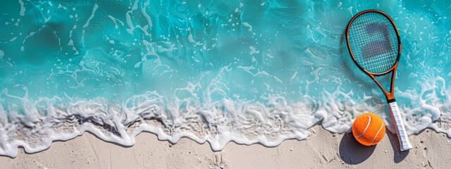  A tennis racquet and ball rest on the sandy beach, near an incoming ocean wave
