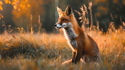 a red fox sitting in a field of tall grass with a blurry, orange background.
