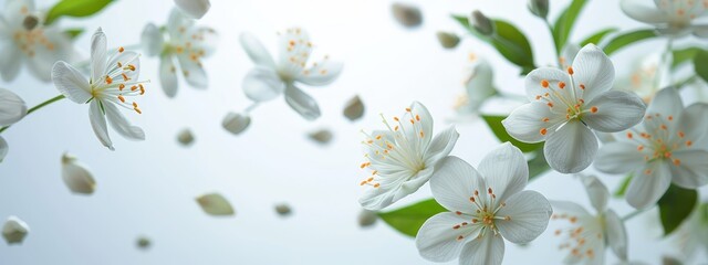 Fototapeta premium A group of white flowers with green leaves against a light blue background and a white sky behind