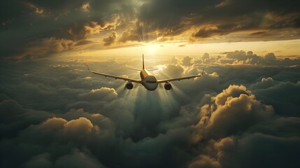 Naklejka premium Dramatic Airplane Flying Through Low Hanging Clouds With Sunlight Bursting Through