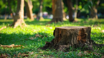 Tree Stump Surrounded by Lush Grass and Sunlit Trees in a Park in Autumn