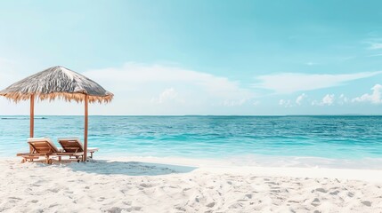 Fototapeta premium Tropical beach scene with two lounge chairs under a thatched umbrella overlooking the clear blue ocean on a sunny day.