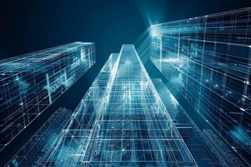 Futuristic city skyline with digital grid and neon lights, showcasing modern urban architecture and technology.