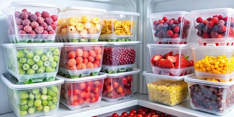 Plastic containers with assorted frozen fruits and vegetables inside a freezer, Frozen, healthy, food, storage