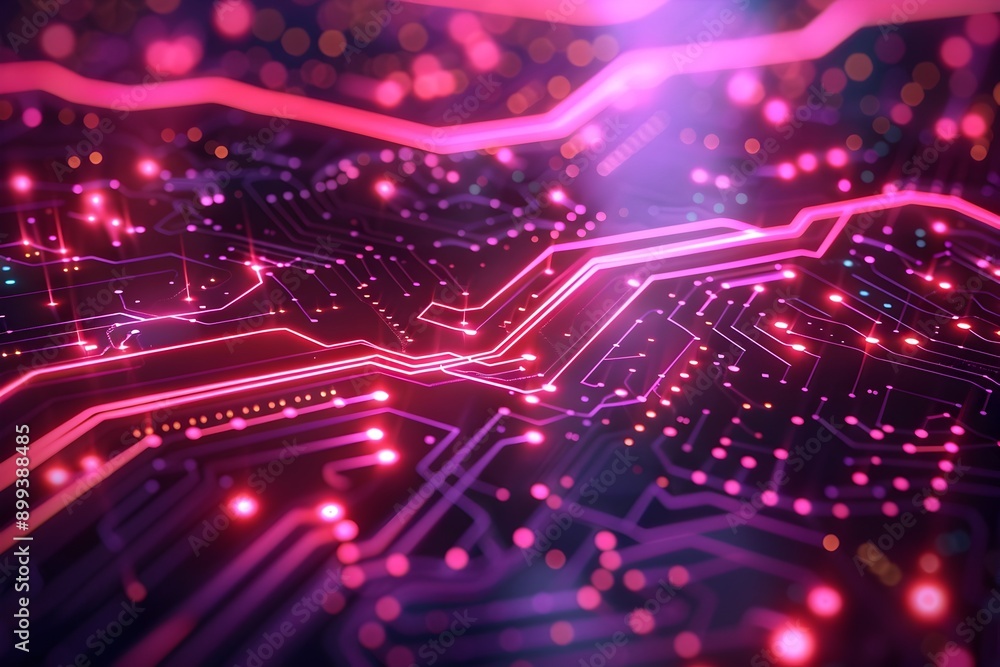 Poster neon lit circuit board pattern with flowing data streams and glowing connections representing advanc