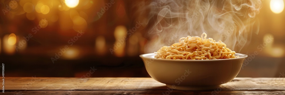 Poster a steaming bowl of instant noodles sits on a wooden table, inviting and ready to be enjoyed in a war