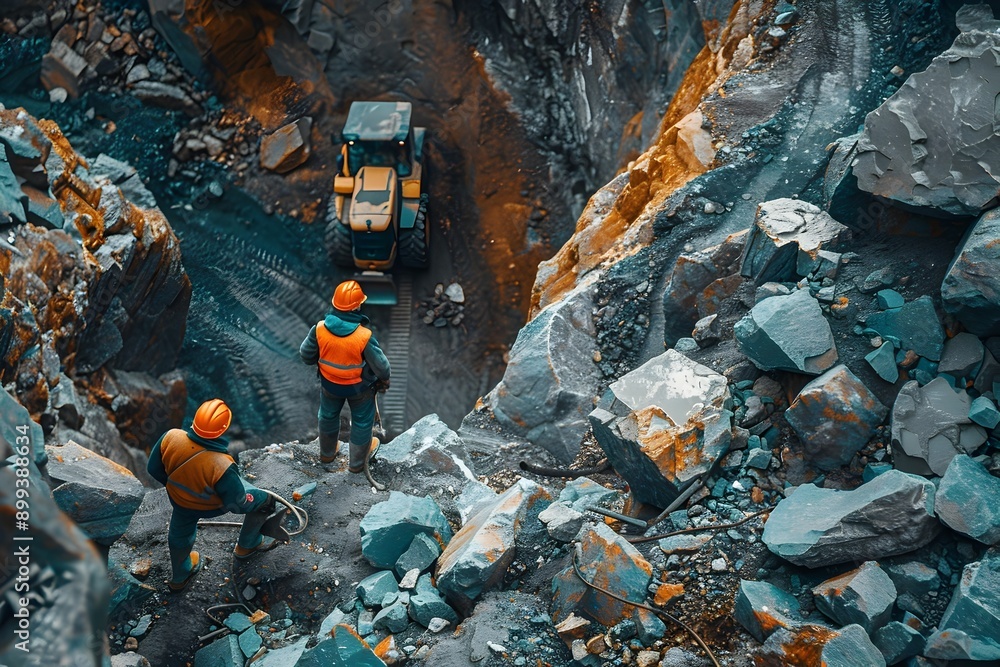 Poster heavy machinery operators working in a quarry extracting minerals and stone