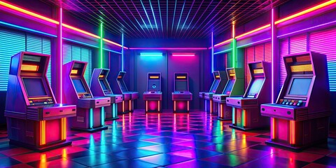 Retro arcade gaming background with colorful neon lights and vintage game consoles , technology, vintage, gaming