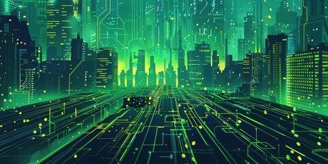 Futuristic Smart Cyber City illustration: Innovative Urban Landscape, futuristic technology and cyber punk concept, Graphic Resources, Wallpapers, Brochure, Websites, banner, Advertising, background