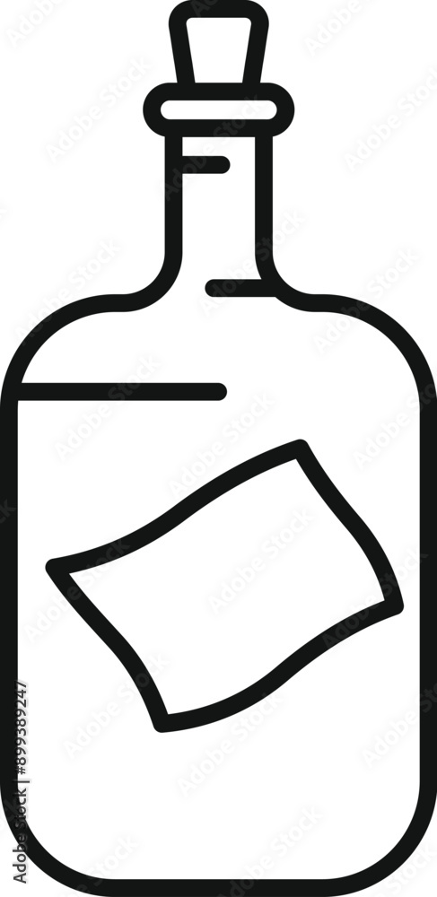 Poster corked bottle with a message inside floating on the sea, line art icon