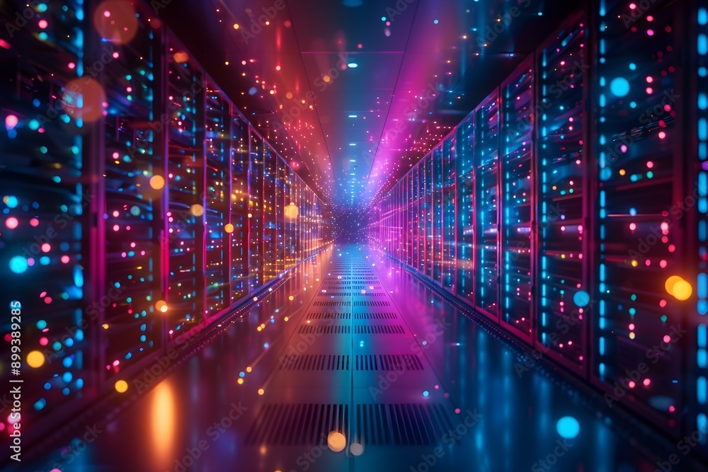 Poster neon lit data center with glowing server racks and cables digital network cyber concept