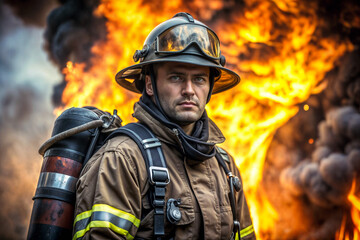 Naklejka premium Heroic Firefighter in Action Against Intense Blaze