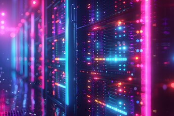 Fototapeta premium Neon Lit Digital Network Hub with Glowing Server Racks and Cables Representing the Core of Cyber Infrastructure
