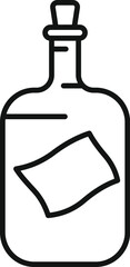 Corked bottle with a message inside floating on the sea, line art icon