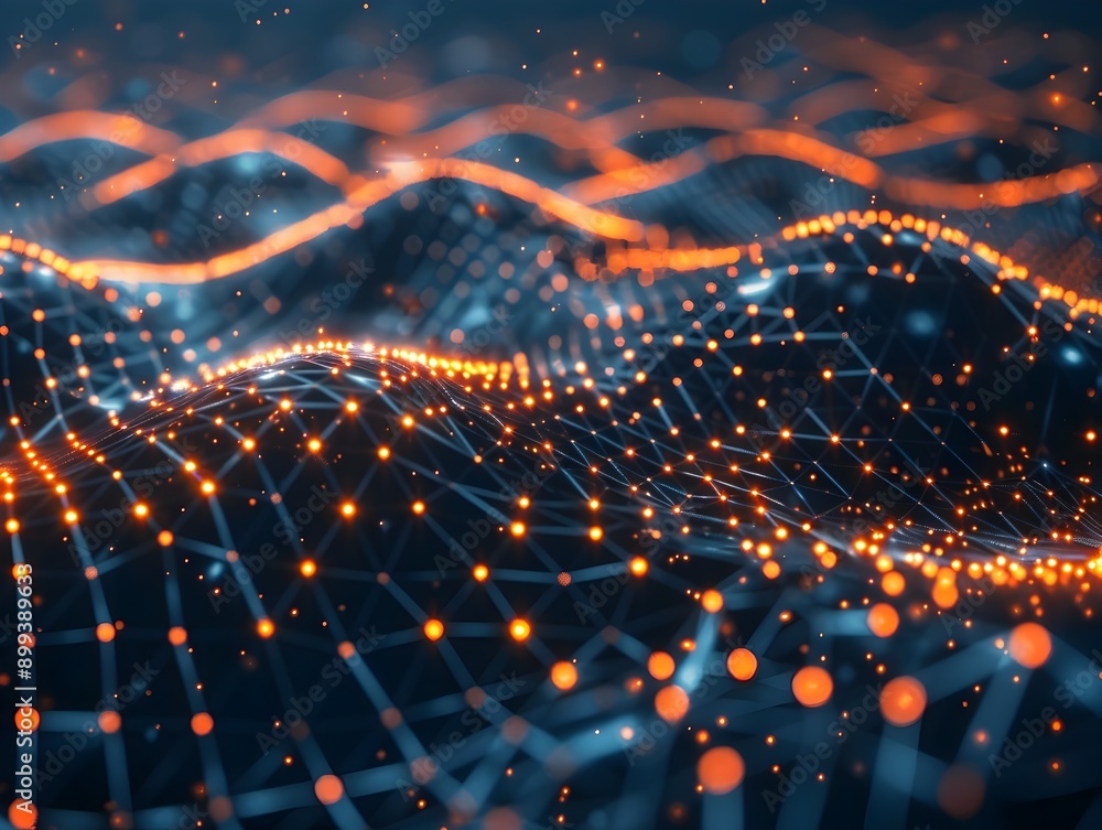 Poster glowing cyber grid with interconnected nodes and flowing data streams symbolizing network architectu