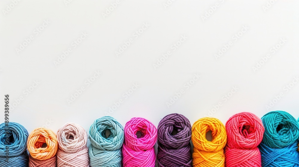 Fototapete a vibrant assortment of yarn rolls in various colors is neatly arranged on a white background, leavi