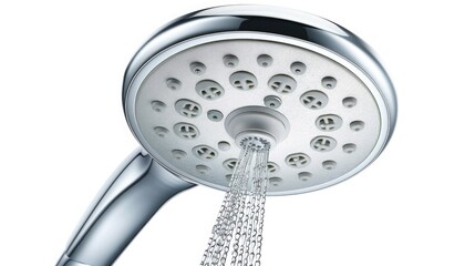 Close-Up of Modern Showerhead With Water Flowing in Bright Bathroom
