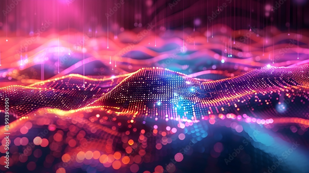 Poster pulsating cyber landscape with neon geometric patterns and flowing lines