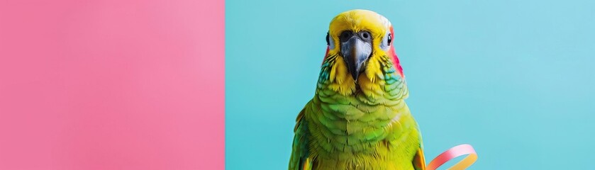 Portrait photography of a cute little animal athlete, smiling cute little parrot in a rhythmic gymnastics outfit with a ribbon on pastel Pale Blue color background, editorial style